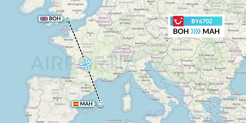 BY6702 TUI Airways Flight Map: Bournemouth to Mahon
