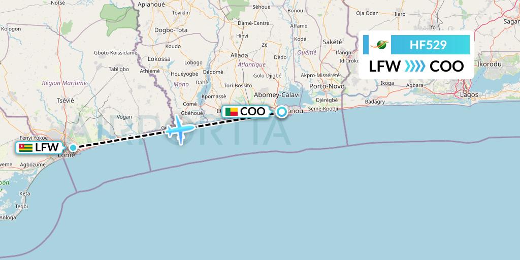 HF529 Air Cote d'Ivoire Flight Map: Lome to Cotonou