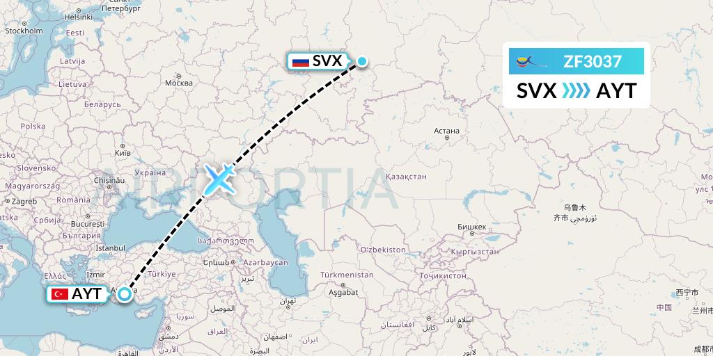 ZF3037 Azur Air Flight Map: Yekaterinburg to Antalya