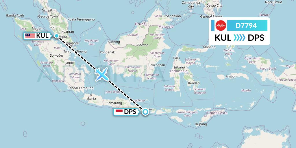 D7794 AirAsia X Flight Map: Kuala Lumpur to Denpasar