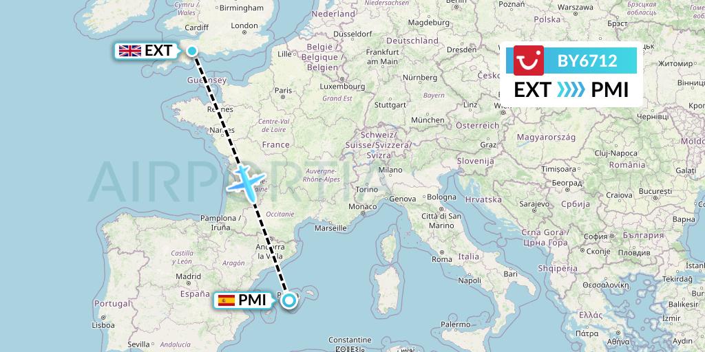 BY6712 TUI Airways Flight Map: Exeter to Palma de Mallorca