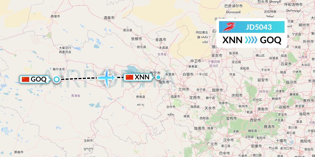 JD5043 Capital Airlines Flight Map: Xining to Golmud