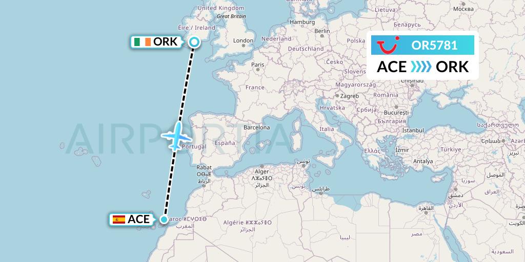 OR5781 TUI fly Netherlands Flight Map: Lanzarote to Cork