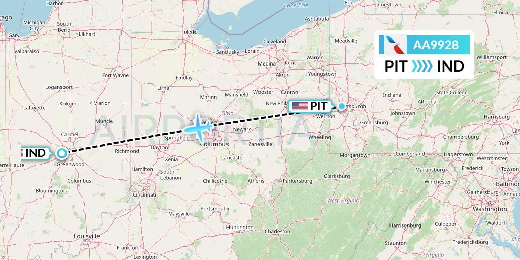 AA9928 American Airlines Flight Map: Pittsburgh to Indianapolis