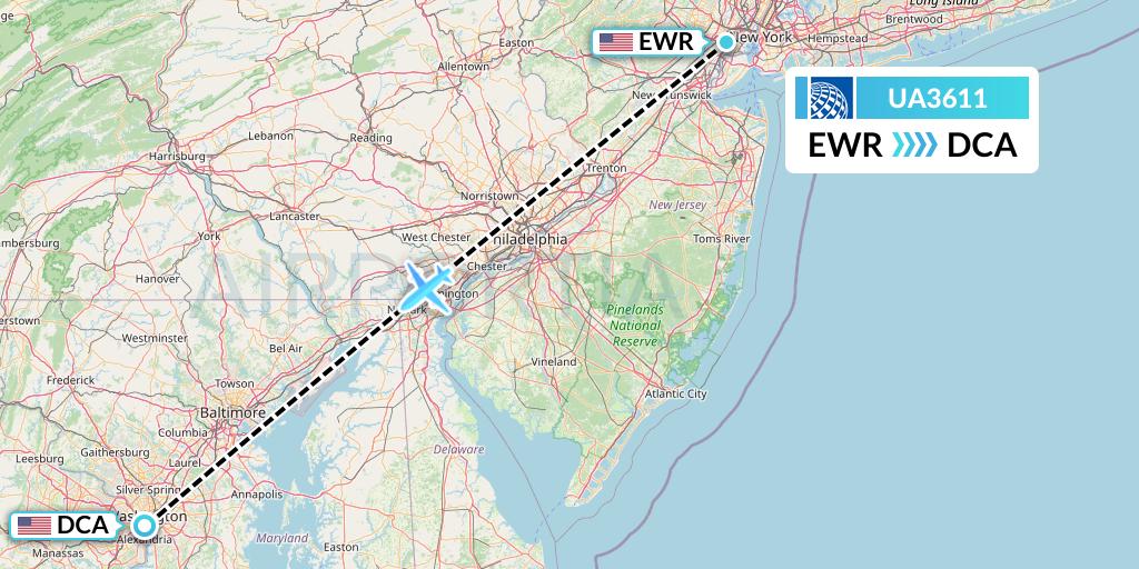 UA3611 United Airlines Flight Map: New York to Washington
