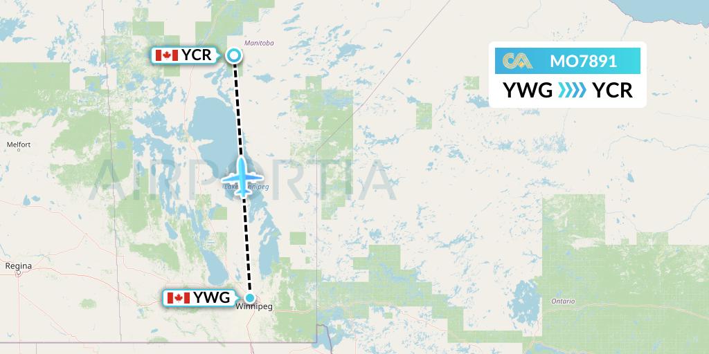 MO7891 Calm Air Flight Map: Winnipeg to Cross Lake