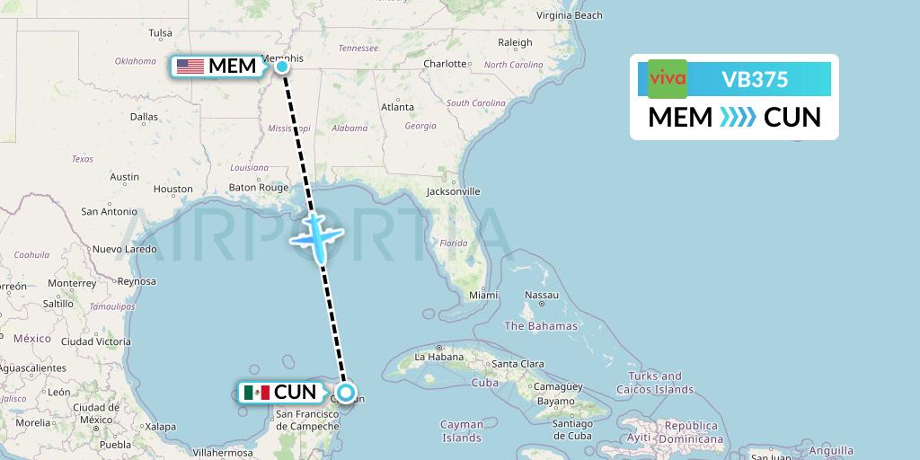 VB375 VivaAerobus Flight Map: Memphis to Cancun