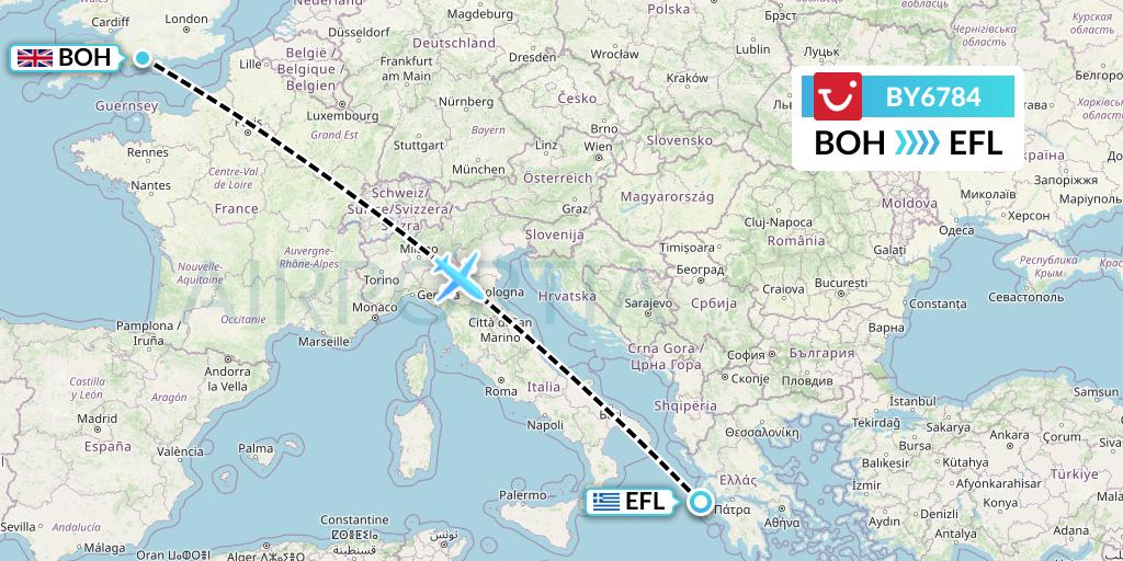 BY6784 TUI Airways Flight Map: Bournemouth to Kefalonia