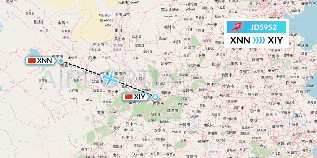 JD5952 Capital Airlines Flight Map: Xining to Xi'an