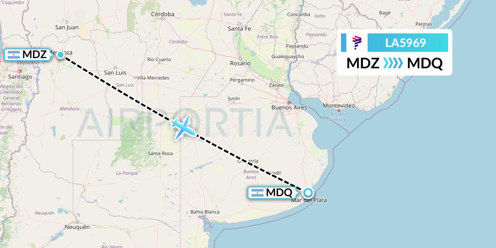 LA5969 LAN Airlines Flight Map: Mendoza to Mar del Plata
