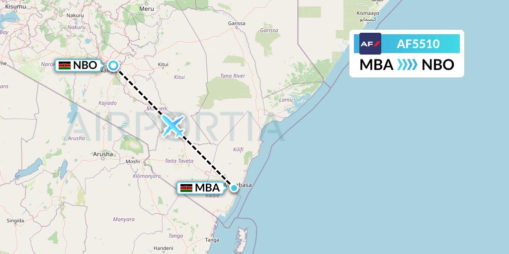AF5510 Air France Flight Map: Mombasa to Nairobi