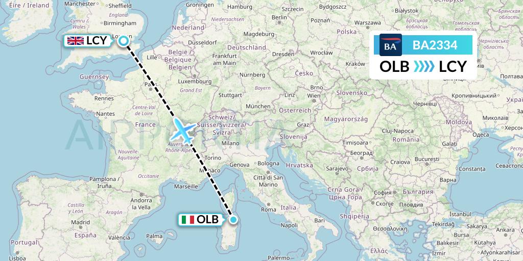BA2334 British Airways Flight Map: Olbia to London