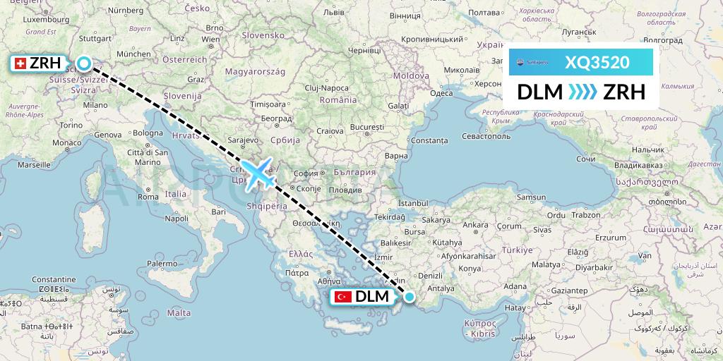 XQ3520 SunExpress Flight Map: Dalaman to Zurich