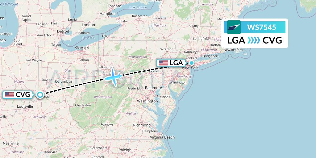 WS7545 WestJet Flight Map: New York to Cincinnati