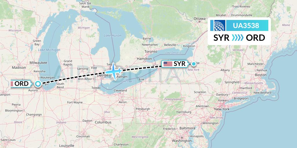 UA3538 United Airlines Flight Map: Syracuse to Chicago