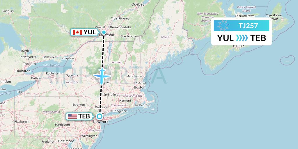 TJ257 Tradewind Aviation Flight Map: Montreal to Teterboro