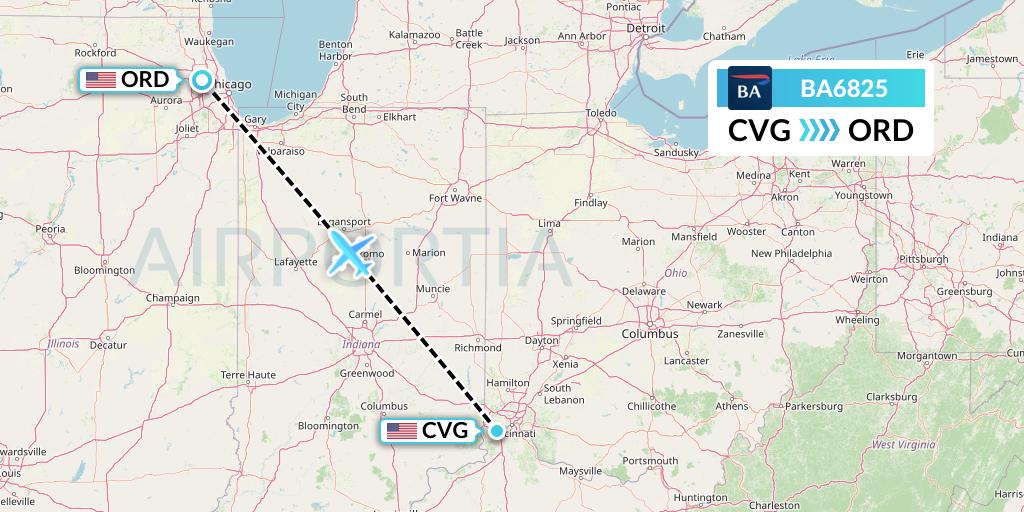 BA6825 British Airways Flight Map: Cincinnati to Chicago