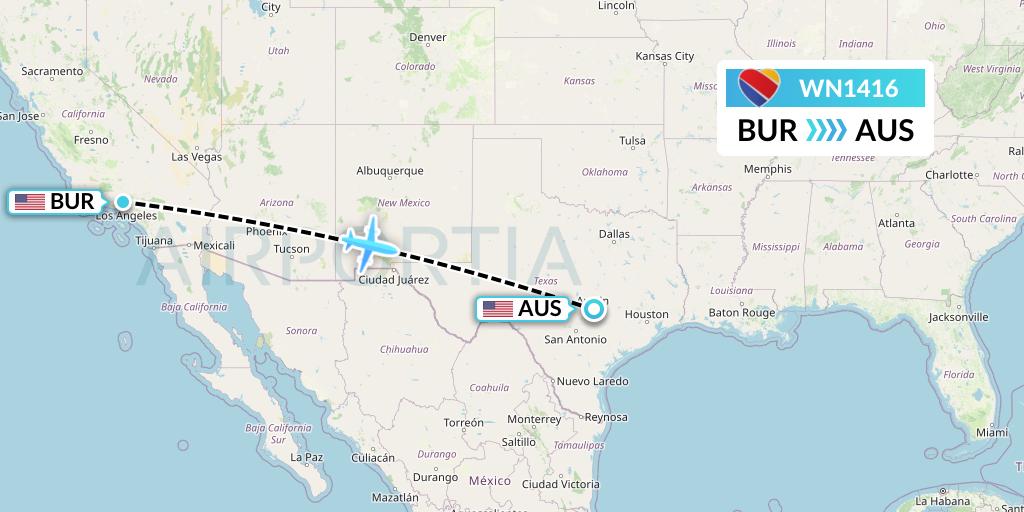 WN1416 Southwest Airlines Flight Map: Burbank to Austin