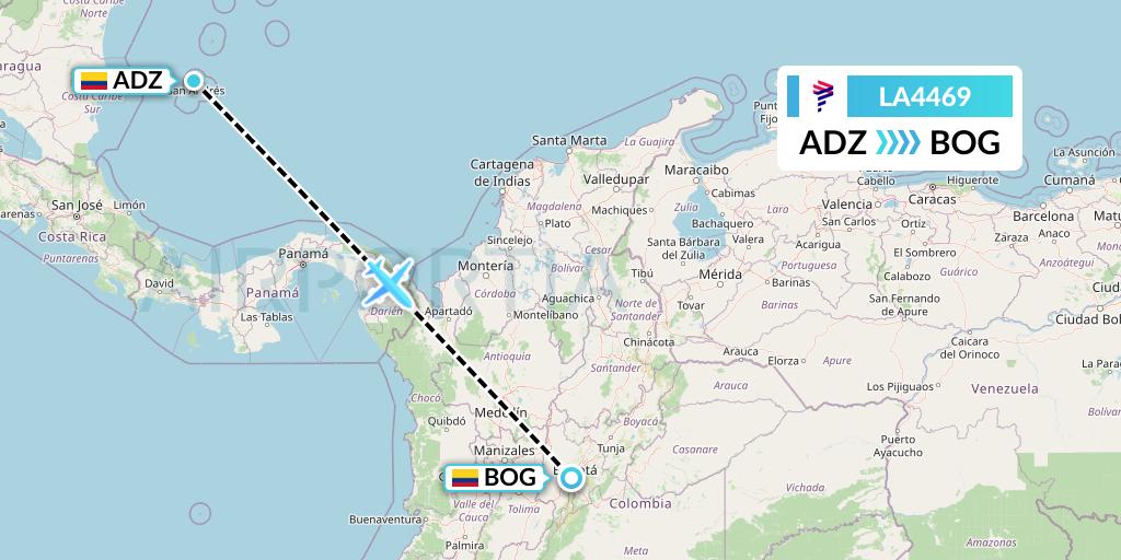 LA4469 LAN Airlines Flight Map: San Andres Island to Bogota