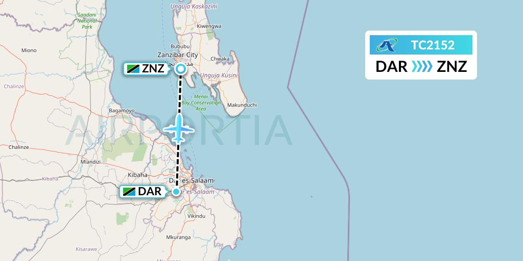 TC2152 Air Tanzania Flight Map: Dar-es-Salaam to Zanzibar