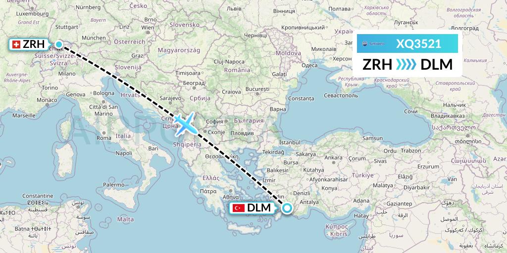 XQ3521 SunExpress Flight Map: Zurich to Dalaman