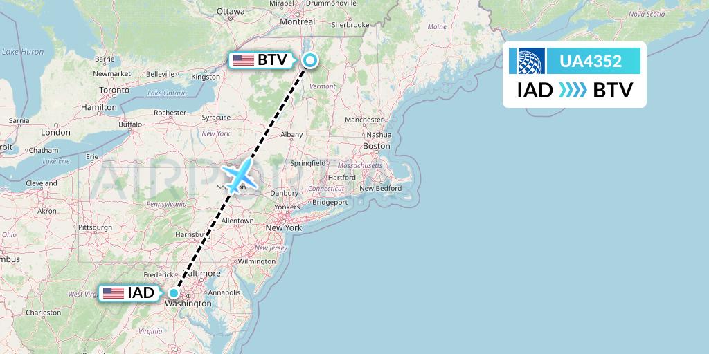 UA4352 United Airlines Flight Map: Washington to Burlington