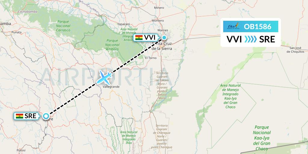 OB1586 Boliviana de Aviacion Flight Map: Santa Cruz to Sucre