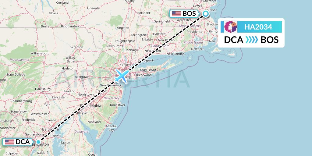 HA2034 Hawaiian Airlines Flight Map: Washington to Boston