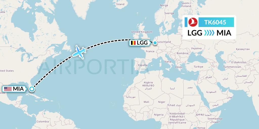 TK6045 Turkish Airlines Flight Map: Liege to Miami