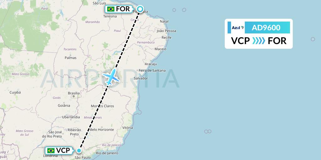 AD9600 Azul Brazilian Airlines Flight Map: Campinas to Fortaleza