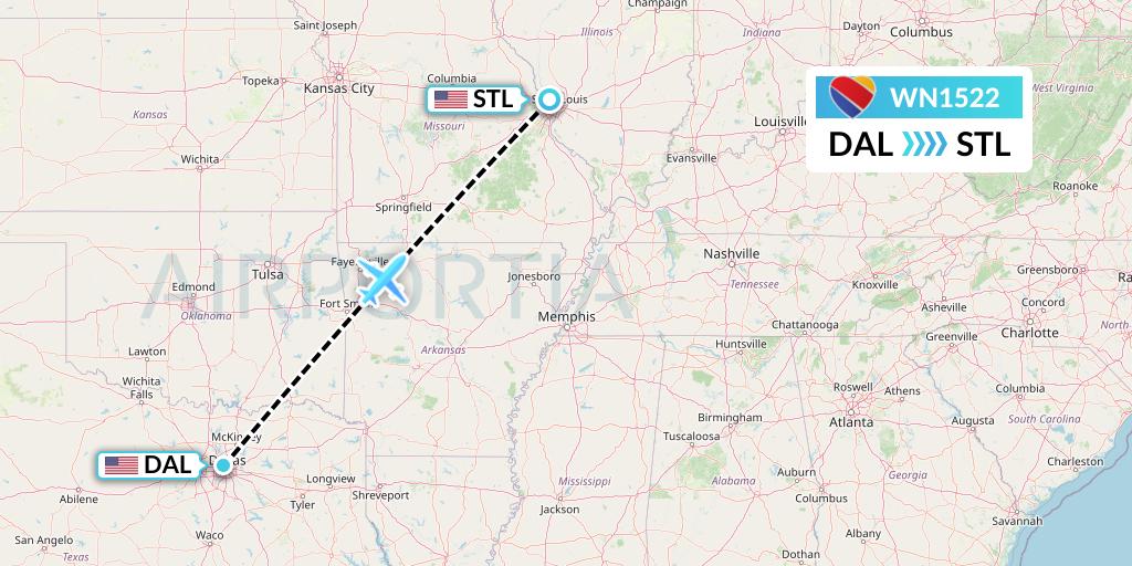 WN1522 Southwest Airlines Flight Map: Dallas to St. Louis