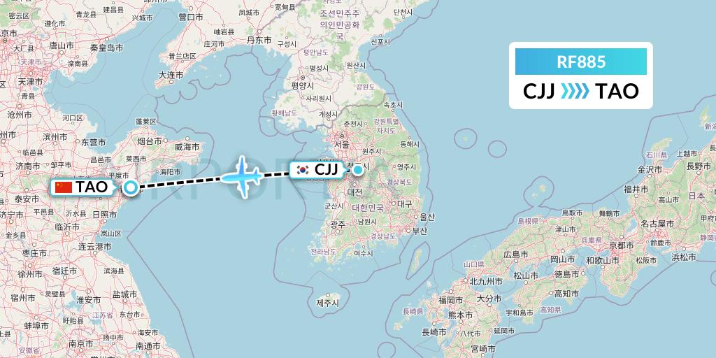 RF885 Aero K Airlines Flight Map: Cheongju to Qingdao