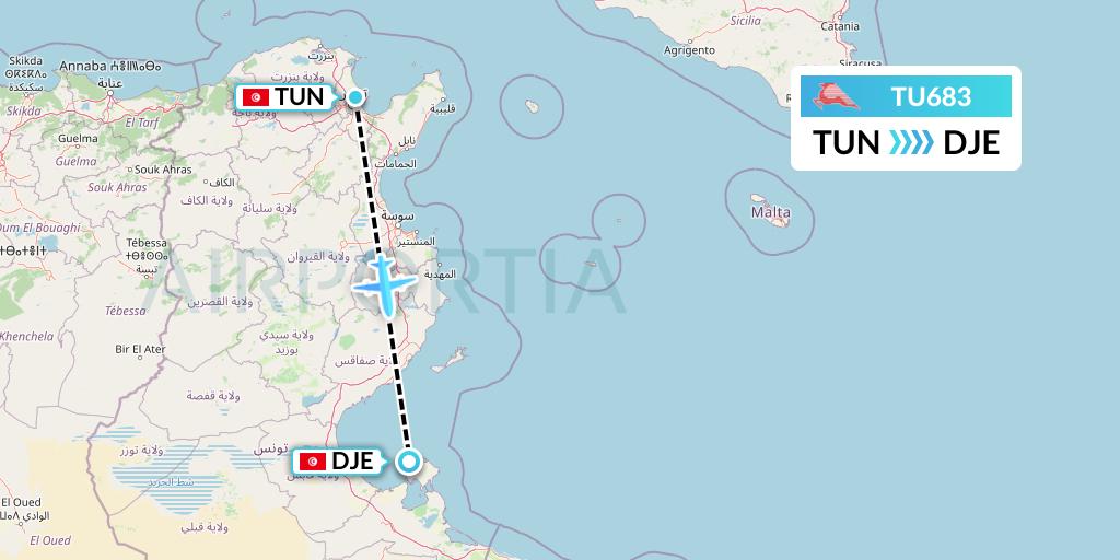TU683 Tunisair Flight Map: Tunis to Djerba