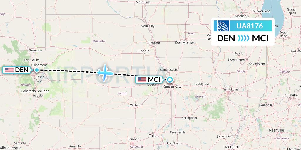 UA8176 United Airlines Flight Map: Denver to Kansas City