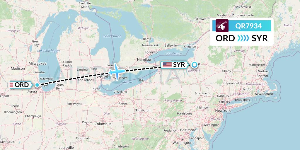 QR7934 Qatar Airways Flight Map: Chicago to Syracuse