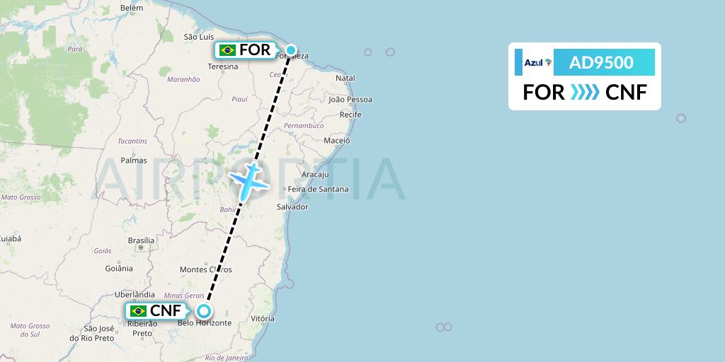AD9500 Azul Brazilian Airlines Flight Map: Fortaleza to Belo Horizonte
