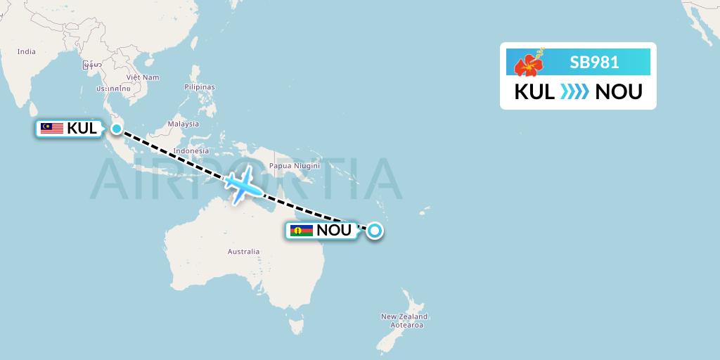 SB981 Aircalin Flight Map: Kuala Lumpur to Noumea