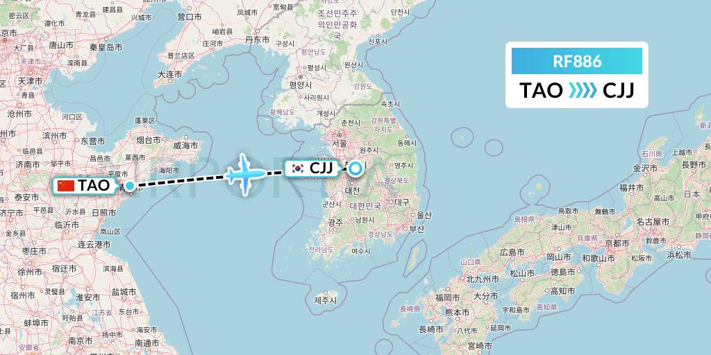 RF886 Aero K Airlines Flight Map: Qingdao to Cheongju