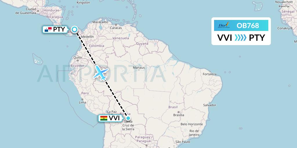 OB768 Boliviana de Aviacion Flight Map: Santa Cruz to Panama City