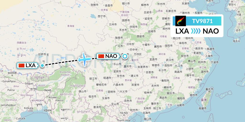 TV9871 Tibet Airlines Flight Map: Lhasa to Nanchong