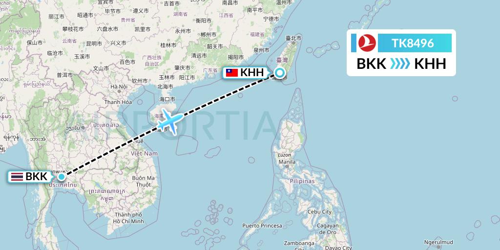 TK8496 Turkish Airlines Flight Map: Bangkok to Kaohsiung