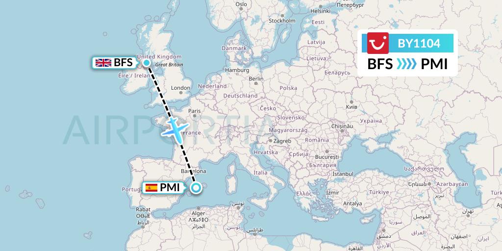 BY1104 TUI Airways Flight Map: Belfast to Palma de Mallorca
