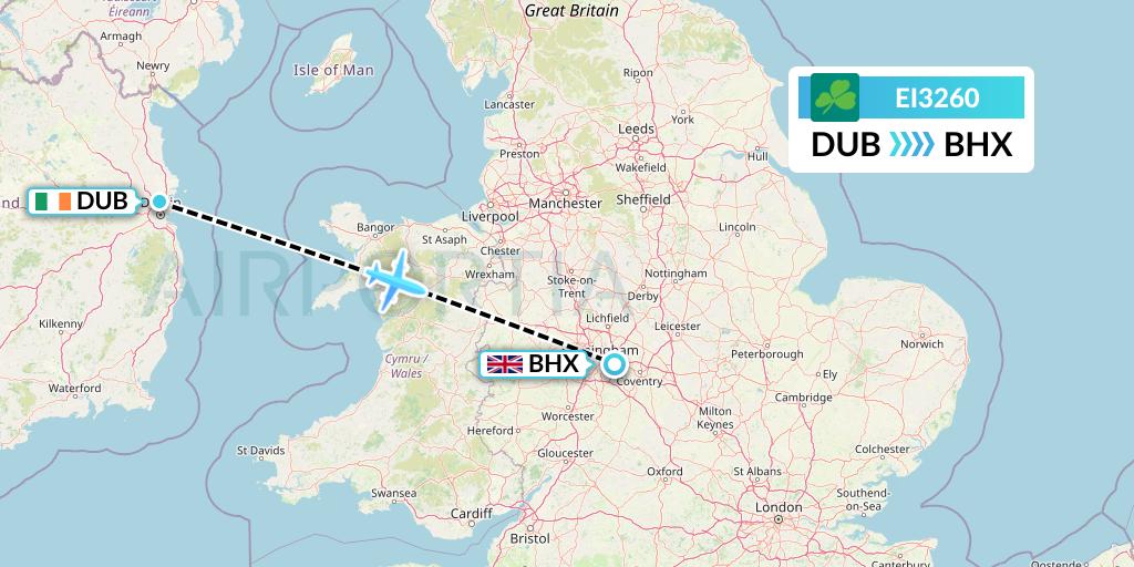 EI3260 Aer Lingus Flight Map: Dublin to Birmingham