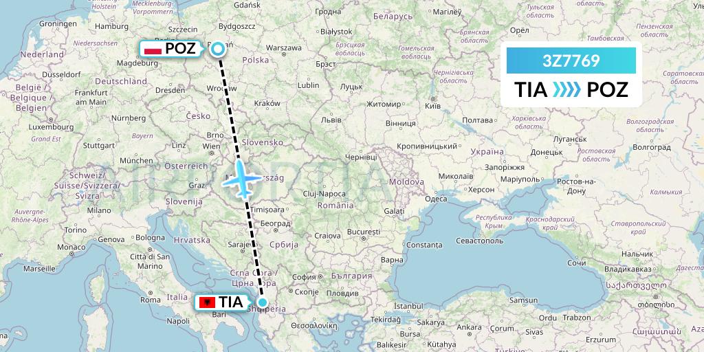 3Z7769 Travel Service Polska Flight Map: Tirana to Poznan