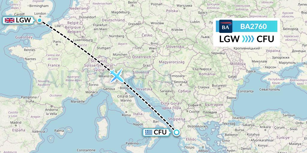 BA2760 British Airways Flight Map: London to Corfu