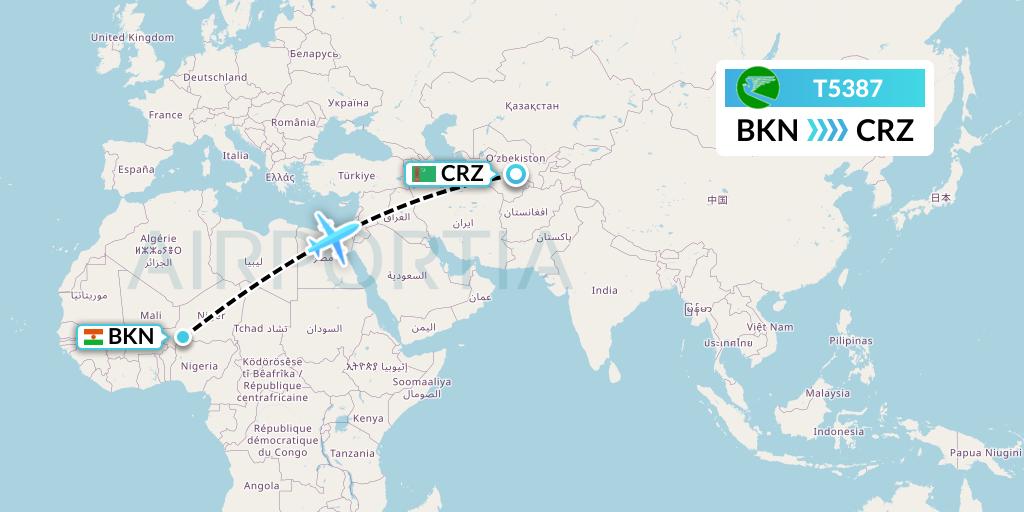 T5387 Turkmenistan Airlines Flight Map: Birni Nkoni to Turkmenabat