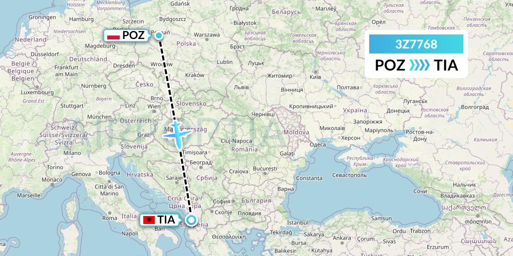 3Z7768 Travel Service Polska Flight Map: Poznan to Tirana