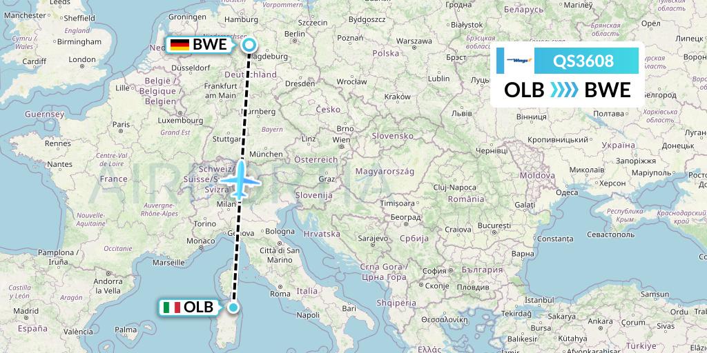 QS3608 Smartwings Flight Map: Olbia to Braunschweig