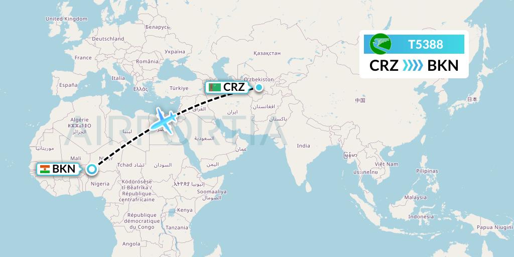 T5388 Turkmenistan Airlines Flight Map: Turkmenabat to Birni Nkoni