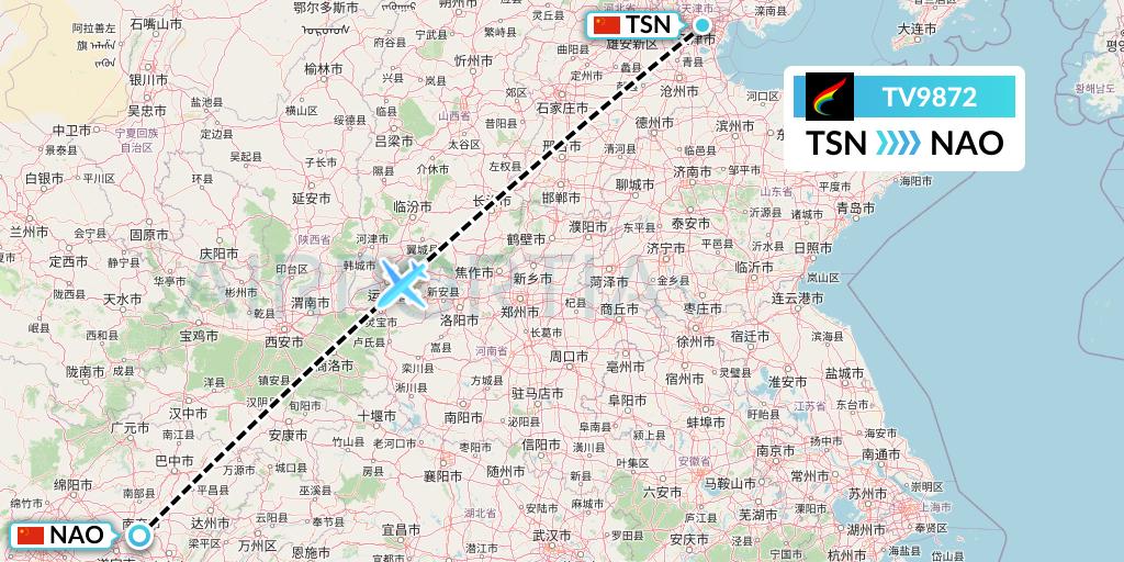 TV9872 Tibet Airlines Flight Map: Tianjin to Nanchong
